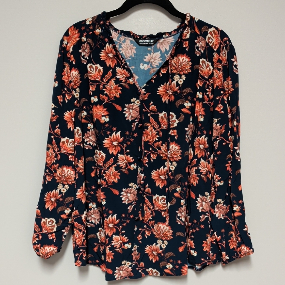 BloomChic Navy Floral V-Neck Blouse with Rust and Cream Flowers